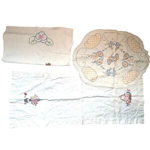 Vintage Hand Embroidered Mantle Cloth Lot Linens Handmade AS IS